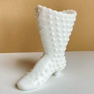Fenton white milk glass boot in hobnail pattern signed bottom with lace up front